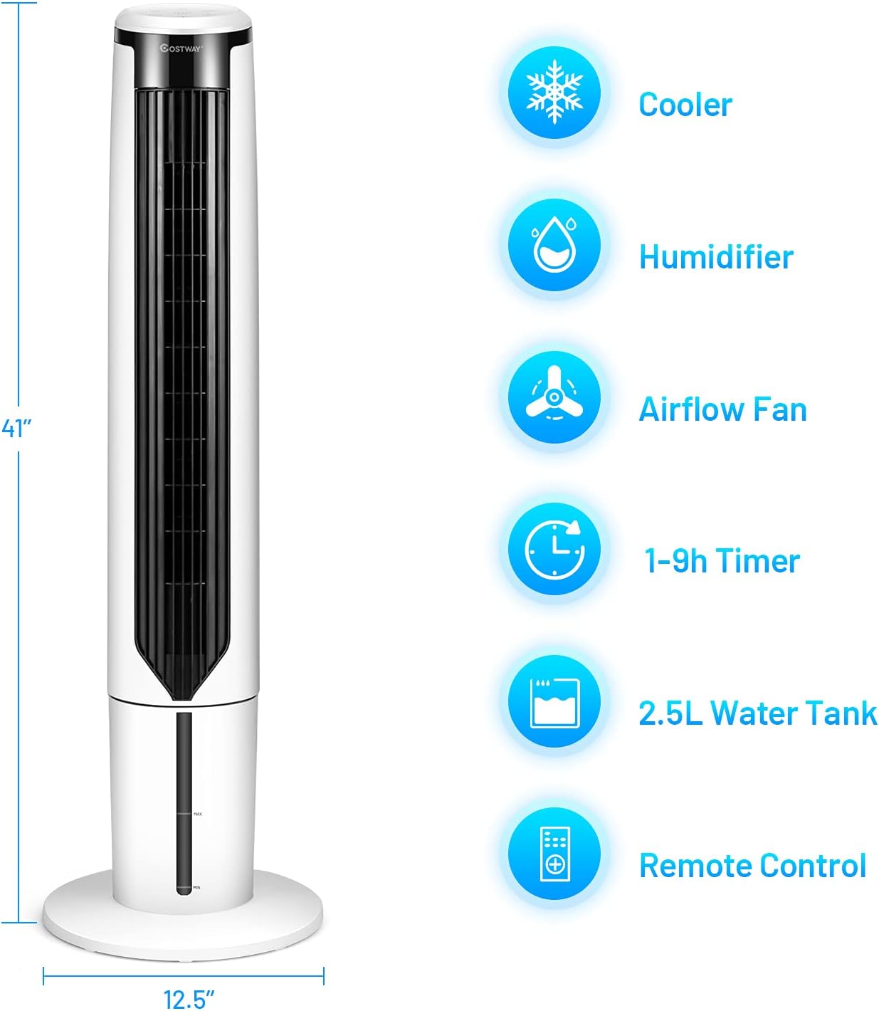 COSTWAY Portable Evaporative Air Cooler for Room, 41 Inches Cooler with Remote Control, 70° Oscillating Floor Swamp Cooler with 4 Ice Packs, 9H Timer Bladeless Air Cooler for Bedroom Room Home Office