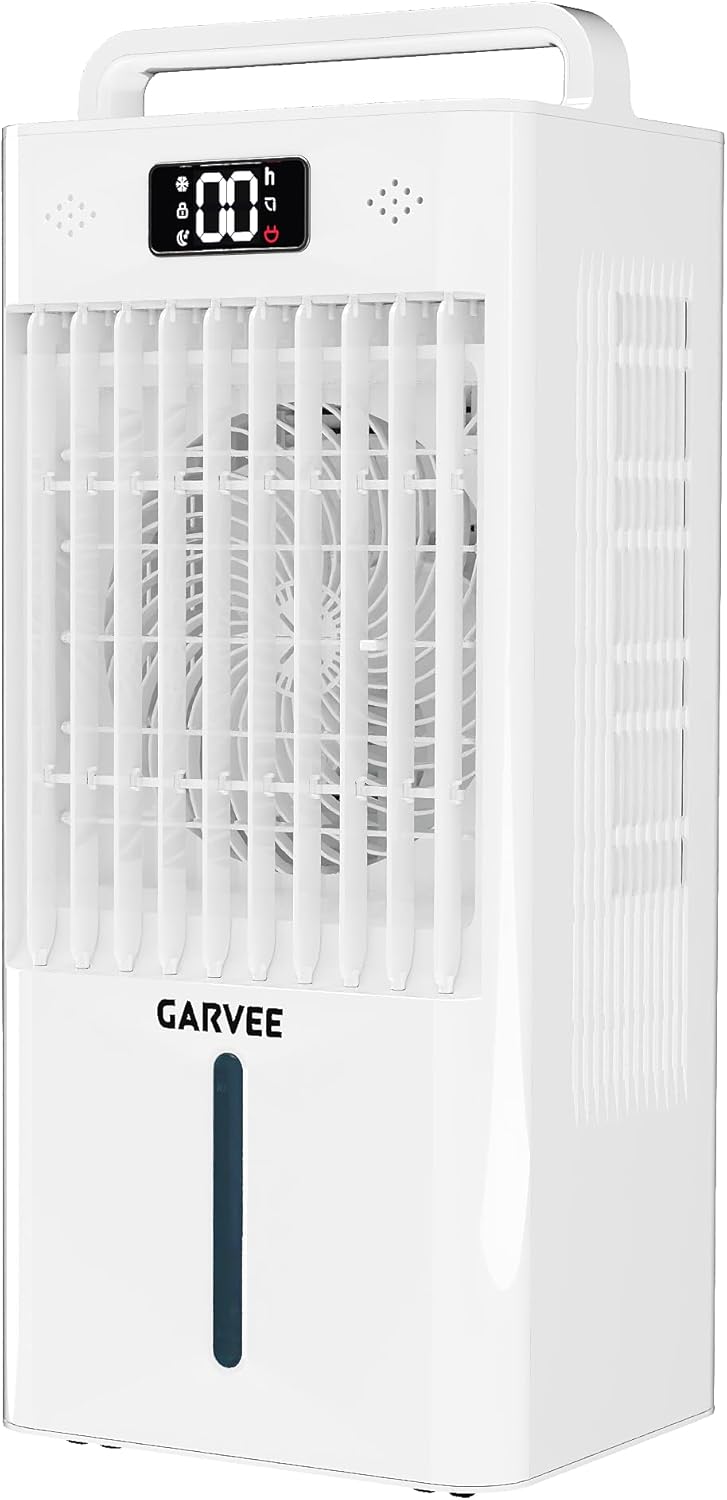 Garvee Evaporative Air Cooler, 10L (2.6Gal) Portable Cooler Fan with TOUCH SCREEN & Remote Control, 3 Speeds & 3 Modes, LED Display, Ice Packs & Casters Included, for Bedroom, Office, Home