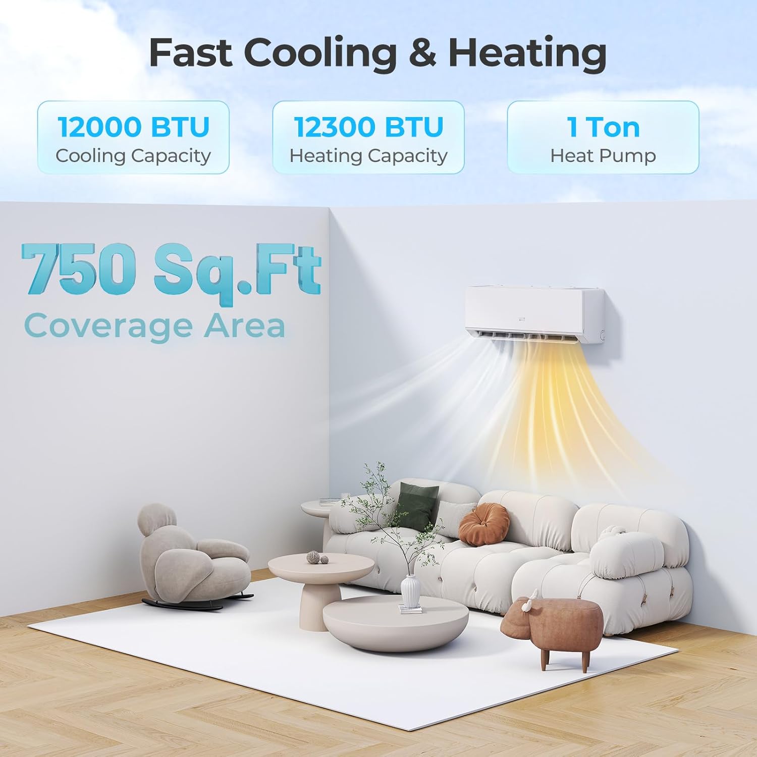 COSTWAY 12000 BTU Mini Split Air Conditioner & Heater, 208-230V WiFi Enabled 24 SEER2 Ductless Inverter AC Unit, Works w/Alexa, Cools Rooms Up to 750 Sq.Ft