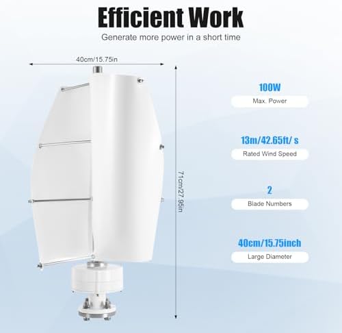 12V 100W Vertical Axis Wind Turbine Generator, Durable Aluminum Blades, Efficient Permanent Magnet System with Controller for Home, Boats, Street Lighting & Renewable Energy Solutions (White)