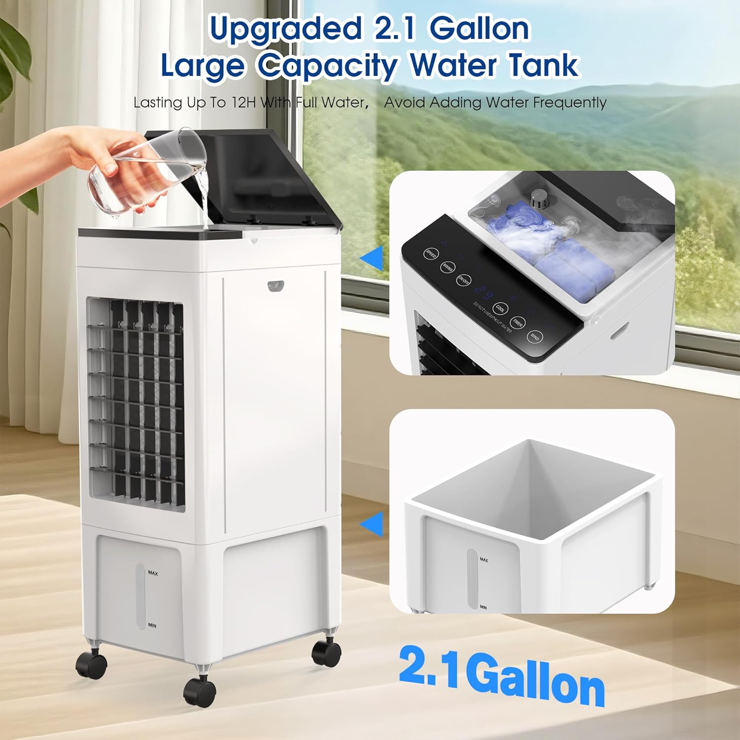 MOMOVOKA Evaporative Air Cooler, 3-IN-1 Windowless Portable Air Conditioner Portable with 2 Gal Water Tank, Timer, 3 Speed, Remote, 4 Ice Packs, Swamp Cooler Air Conditioner Portable