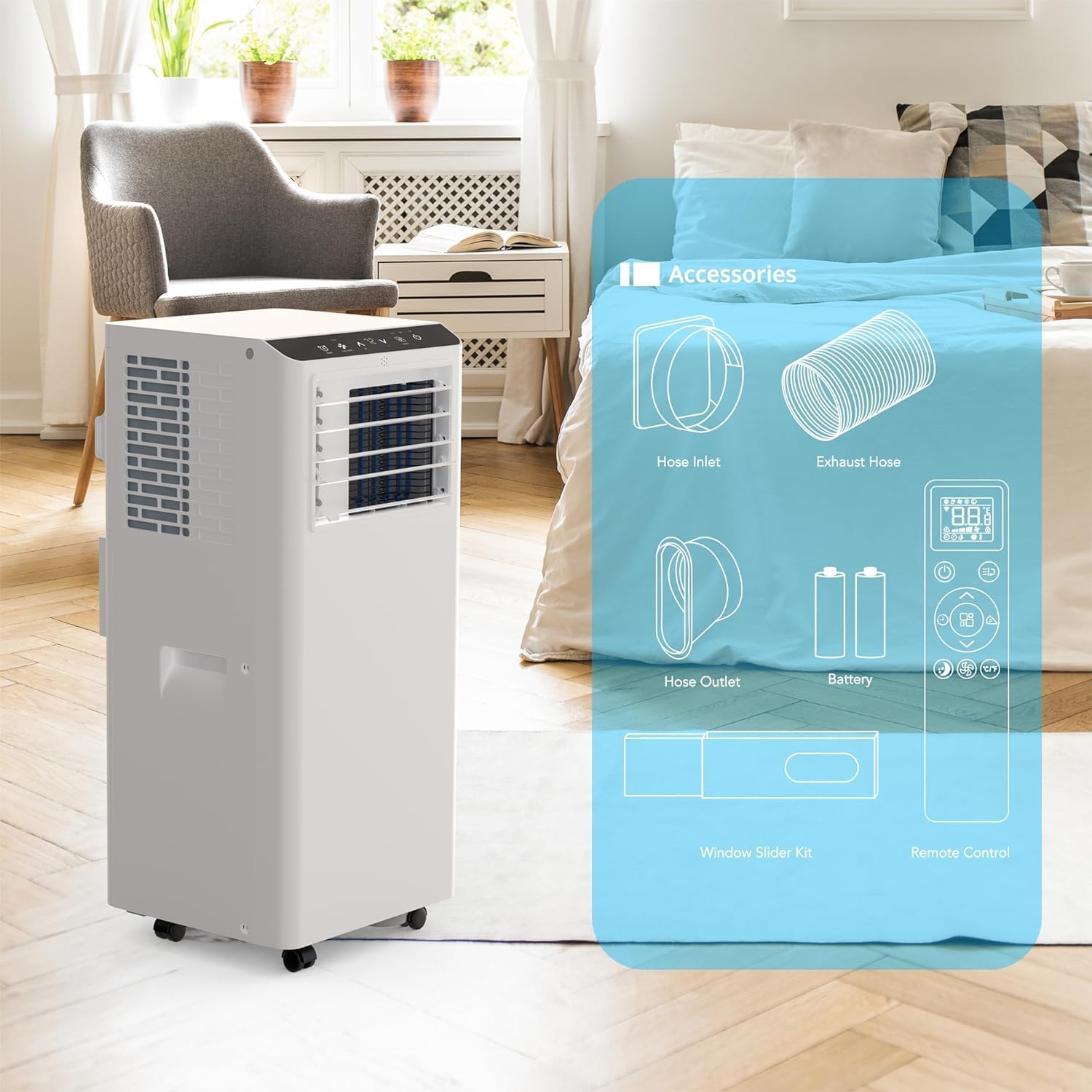 Portable Air Conditioner, 8000 BTUs Air Conditioners 3 in 1 AC Cooling Unit with Remote Control, Fast Cooling Up to 350 sq. ft., Multi-Functional A/C Modes, Window Kit, White