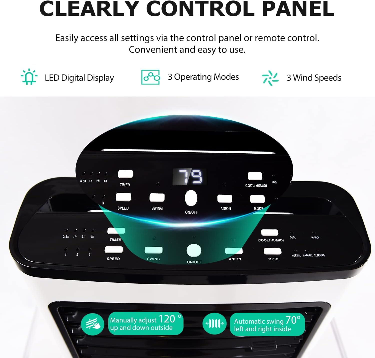 Air Cooler Fan, 3-IN-1 Portable Air Conditioner, Fan and Humidifier with Ice Box, 7.5H Timer, Ultra-quiet, 70° Oscillating, Swamp Cooler for Home, Office, Garages, Warehouses and Commercial