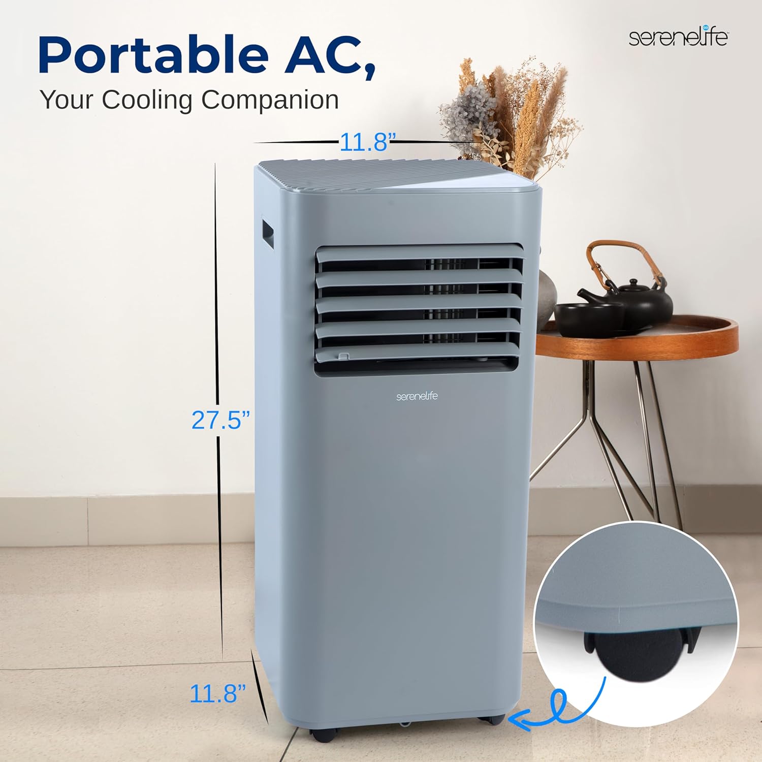 SereneLife Portable AC 8000 BTU, 3-in-1 Cooling, Dehumidifier And Fan Modes, Compact Standing Air Conditioner, Energy Efficient 300 Sq. Ft. Climate Control, Universal Castors And Window Mount Kit