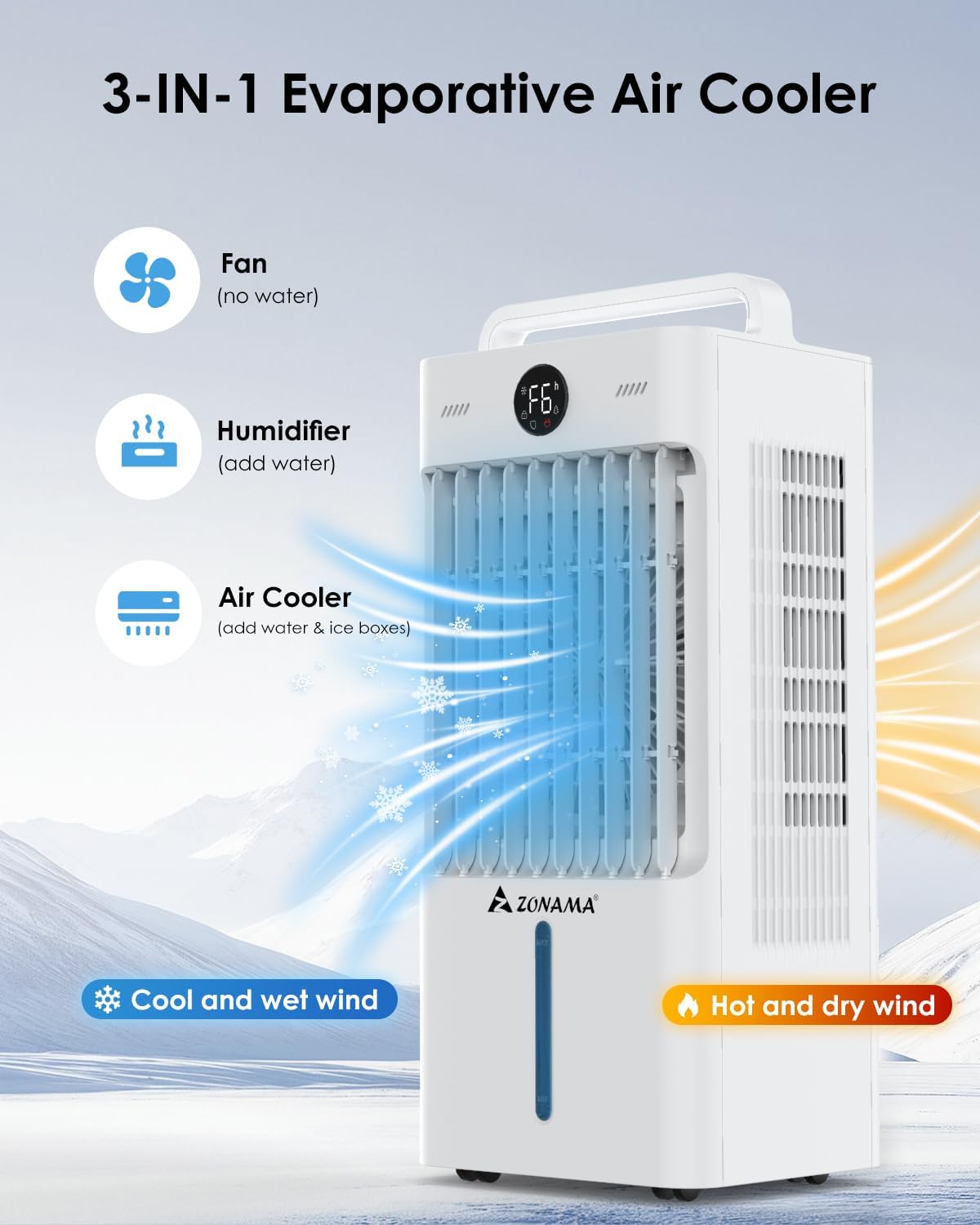 Windowless Portable Air Conditioners with Remote, 3-IN-1 Evaporative Air Cooler with Display, 2.64-Gal Tank for 10H Cooling, 3 Modes & 6 Speeds, 60° Oscillation, 12H Timer, Swamp Cooler for Indoors