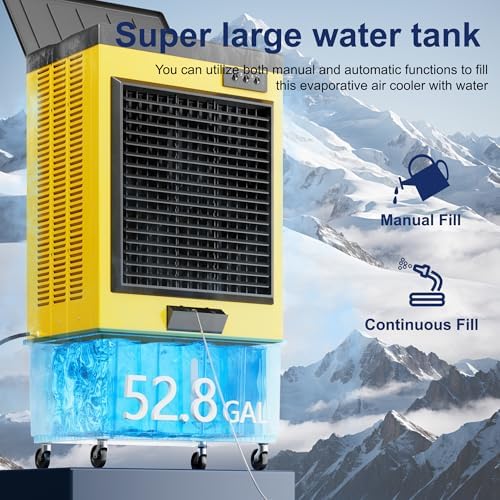 Swamp Cooler,14715 CFM Evaporative Air Cooler,52.8 Gal Water Tank Outdoor Air Conditioner,3 Speed,Suitable for Indoor & Outdoor Garage,Patio,courtyard,factory workshop,70inch,Yellow
