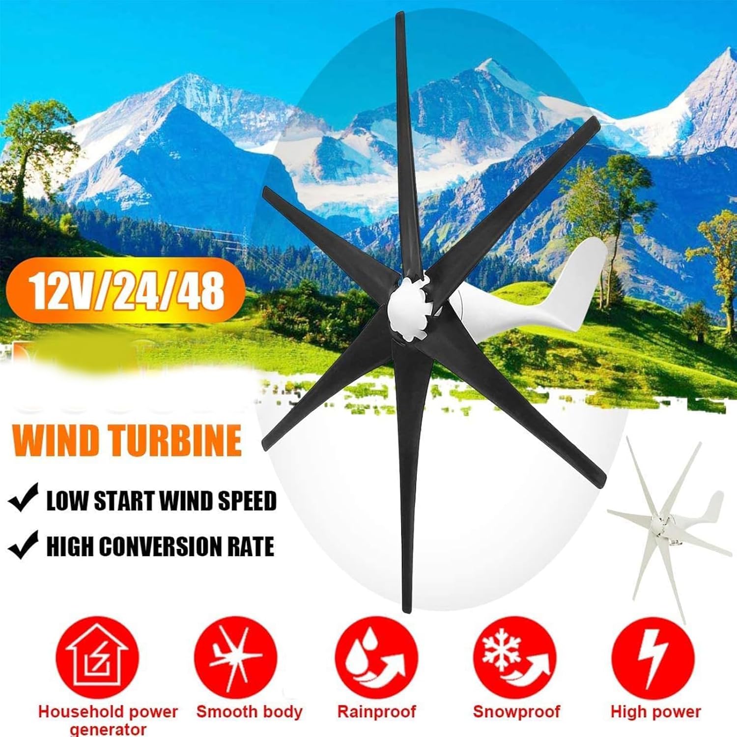 12v, 6 Blades Wind Turbine Generator Kit,14000W Portable Vertical Wind Power Turbine Generator Kit with Controller for Home Use (12V 24V 48V,Black)