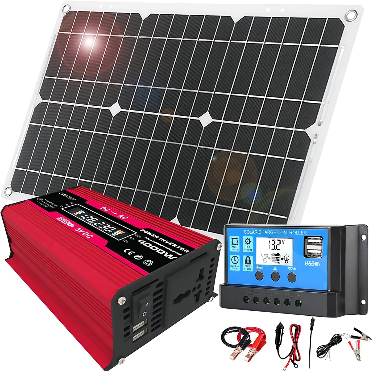 18W 12V Solar Panel Starter Kit with 4000W Inverter & 30A Controller - Ideal for RV, Camping, Off-Grid Adventures - Portable Solar Power Solution (Red)