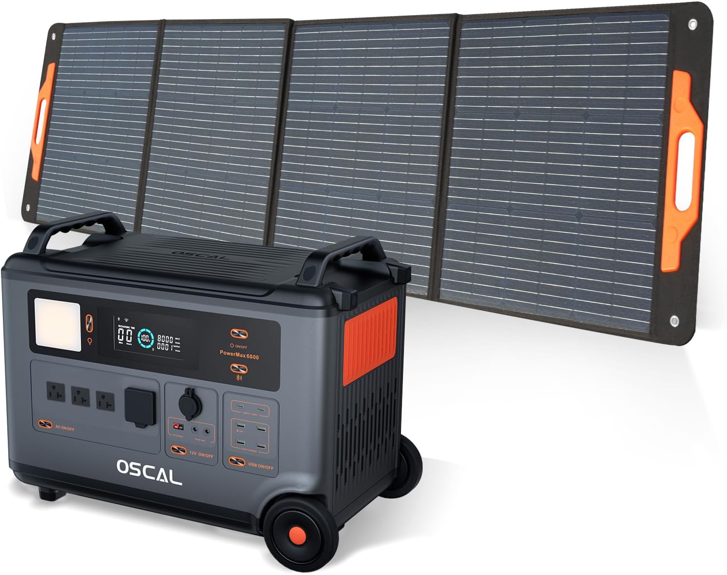 OSCAL PowerMax 6000 Solar Generator with 200W Solar Panel, 120V/240V Portable Power Station 6000W AC Outlets (7200W Peak), 2200W AC Charging/2400W Solar Charging, Emergency for Home, Battery Backup