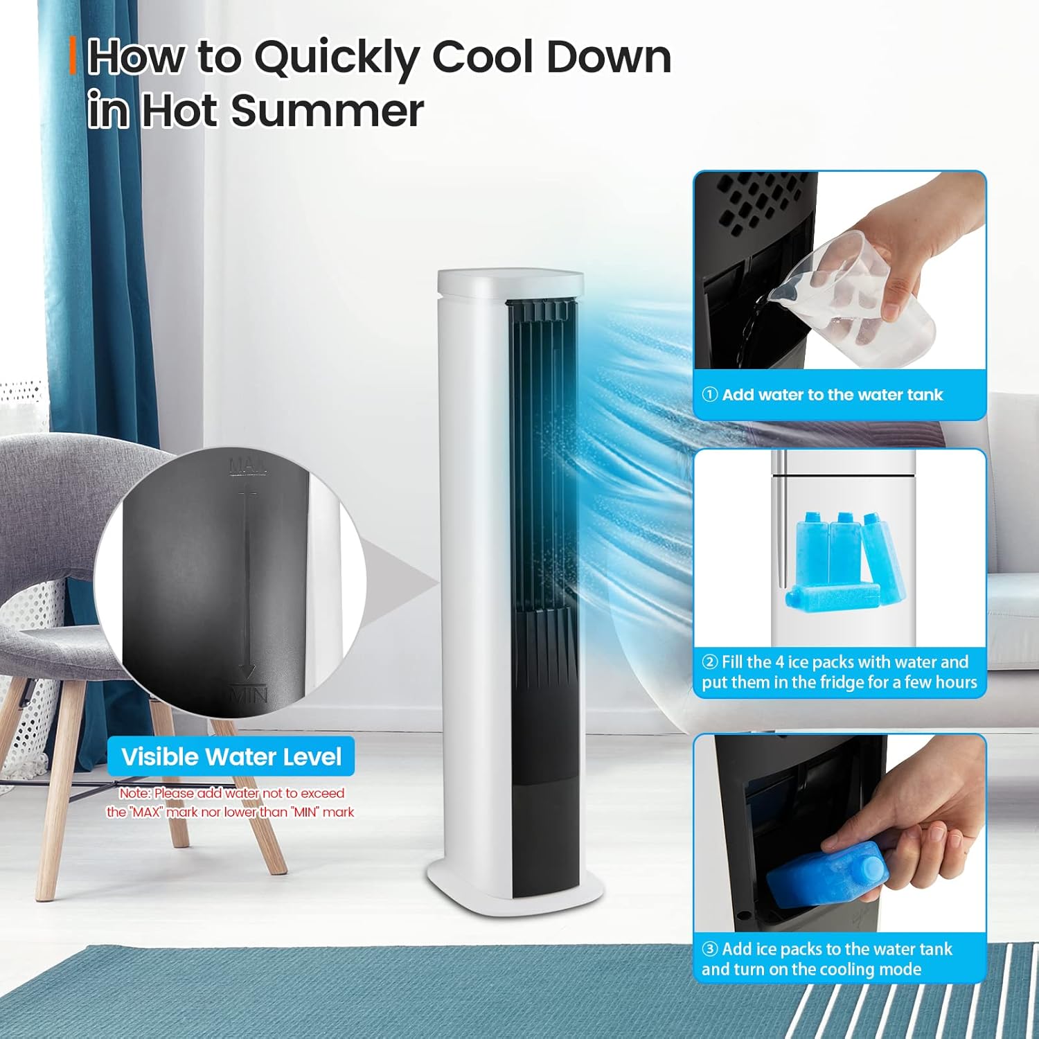 COSTWAY Portable Evaporative Air Cooler for Room, 40-Inch Bladeless Cooling Tower Cooler with Remote Control, 4 Ice Packs, 4 Speeds, 7H Timer, 60° Oscillation, Quiet Swamp Cooler Fan for Home Office