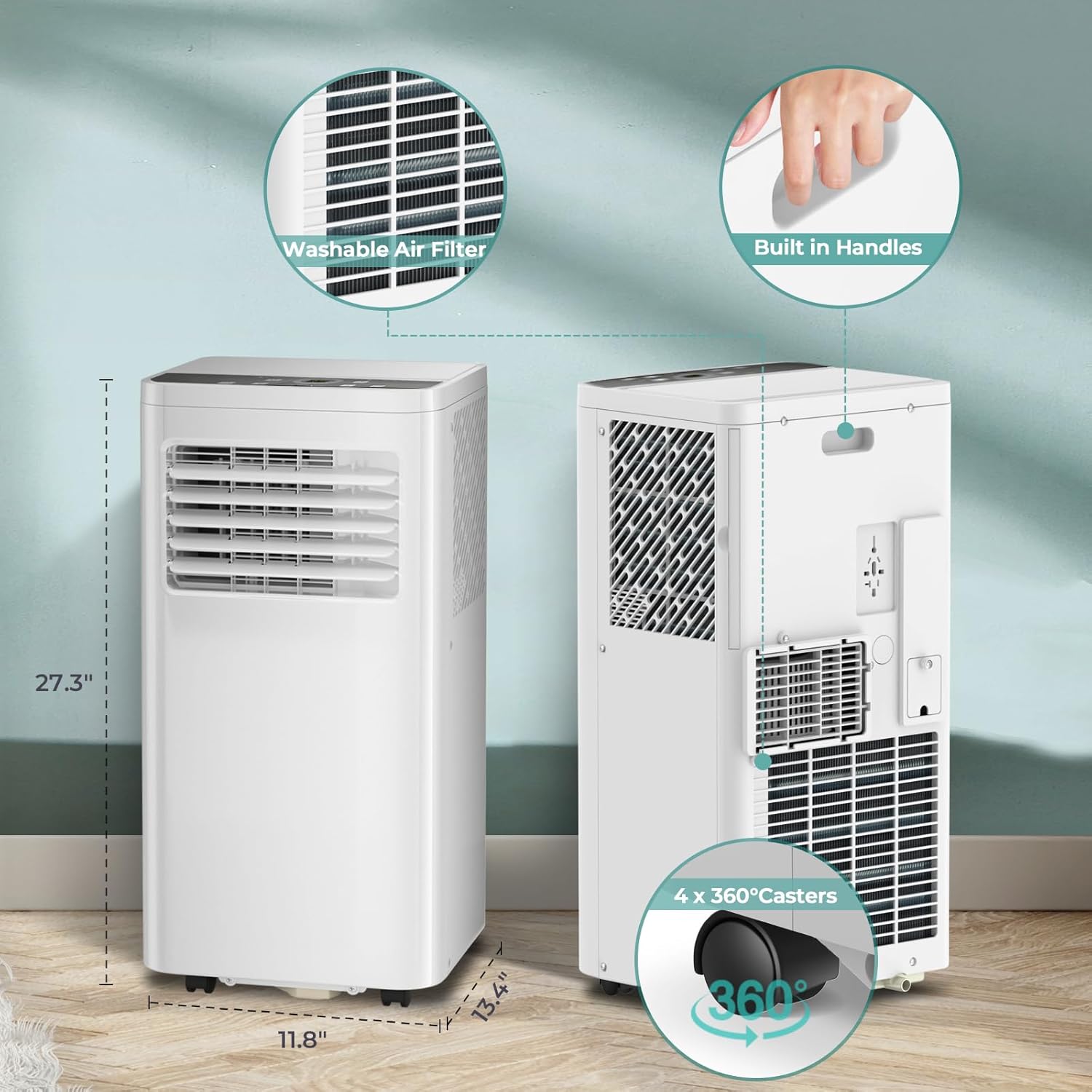 R.W.FLAME 8,000 BTU Portable Air Conditioner, 3-in-1 Portable AC Unit, 4 Modes with 24H Timer/LED Display/Remote Control/Installation Kits for Bedroom/Living Room/Dorm/Office, White