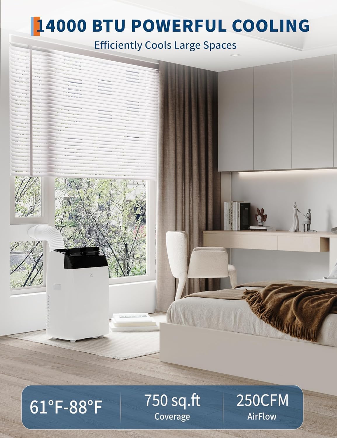 Portable Air Conditioner 14000 BTU -Standing AC Unit Remote Control with Dehumidifier and Fan,Sleep Mode, 24H Timer, Cooling Up to 750 Sq. Ft,Window Kits and Exhaust Hose Inlcluded