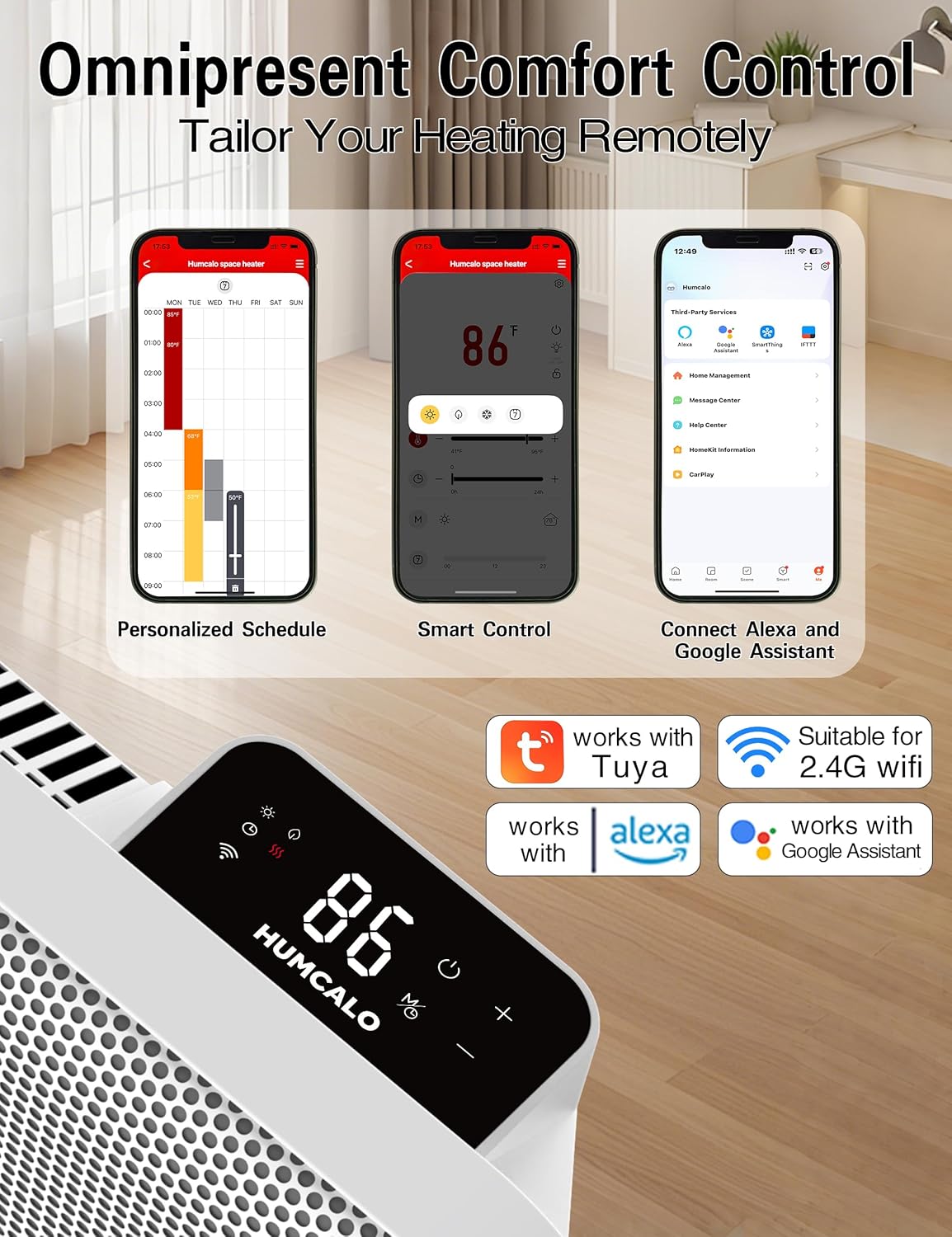 Graphene Convection Panel Infrared Space Heater for Indoor Use Large Room, 1500W Heater with Thermostat, Portable Stand Wall Mounted, Smart WiFi App Control Energy Saving,Work with Tuya