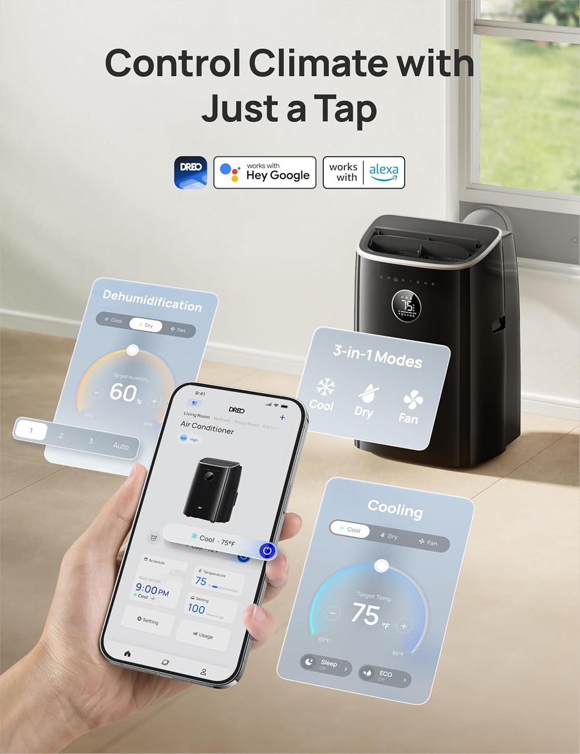 Dreo Portable Air Conditioners, 8,000 BTU Air Conditioner for Bedroom with Drainage-free Cooling, 45dB Quiet, APP/Voice/Remote, 24h Timer with Fan & Dehumidifier, Smart AC Unit for Room Indoors