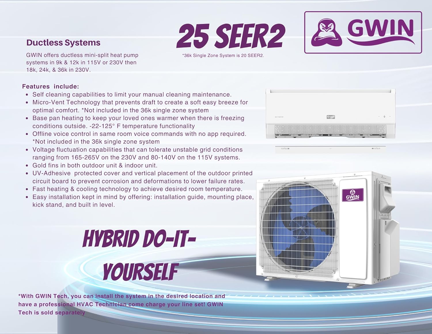 GWIN 36,000 BTU 20 SEER 230V Single Zone Ductless Mini-Split Complete System