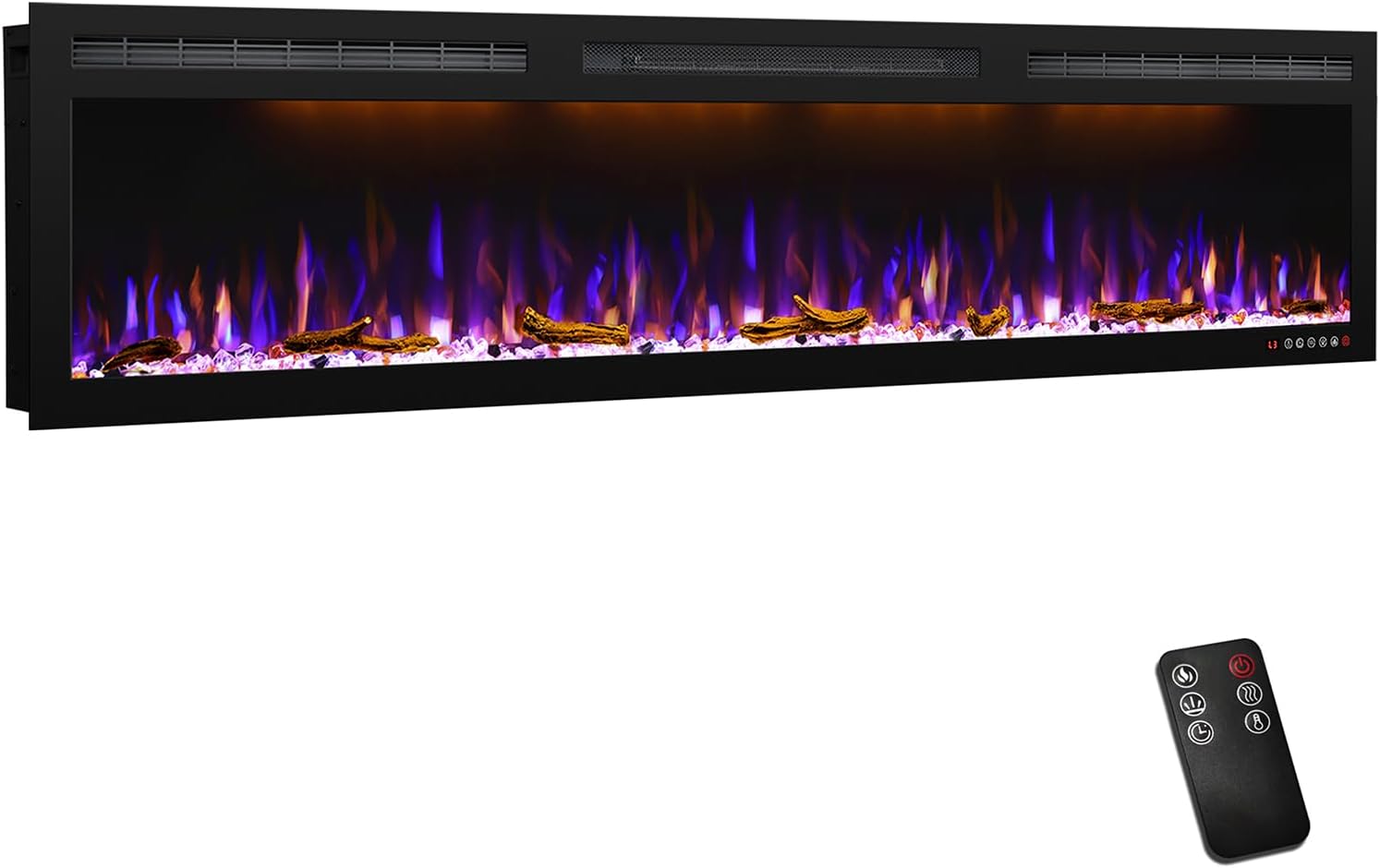 72 inch Electric Fireplace - Ultra Slim Frame - in Wall Recessed & Wall Mounted - Multicolor Flame - Log & Crystal Hearth - 1500/750 Watt Heater - Remote Control & Touch Screen- Timer