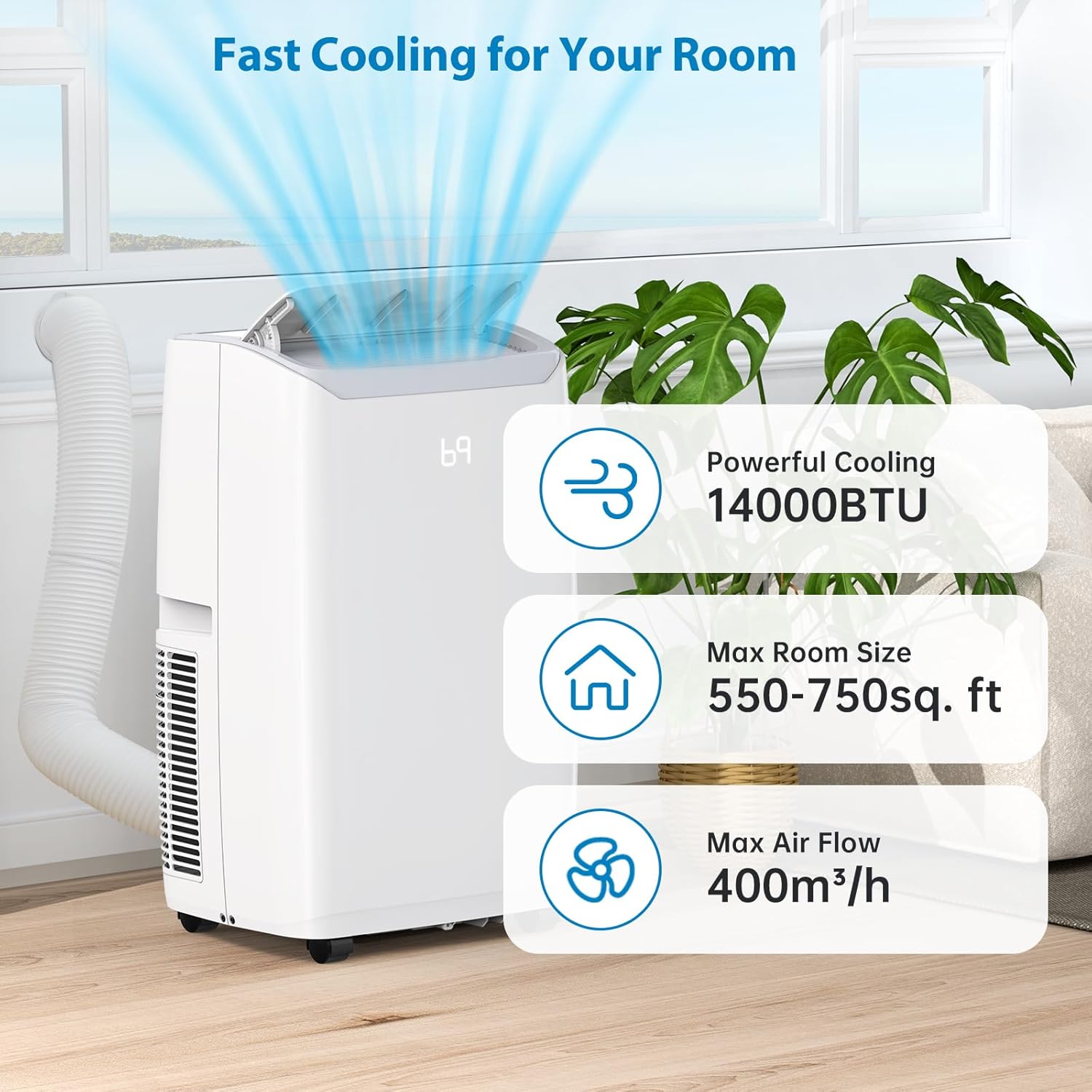 14000 BTUs Portable Air Conditioners with Remote Control, 3-in-1 Portable AC Unit with Fan & Dehumidifier for Room up to 750 sq.ft., Smart/Sleep Mode, 24H Timer, Installation Kit