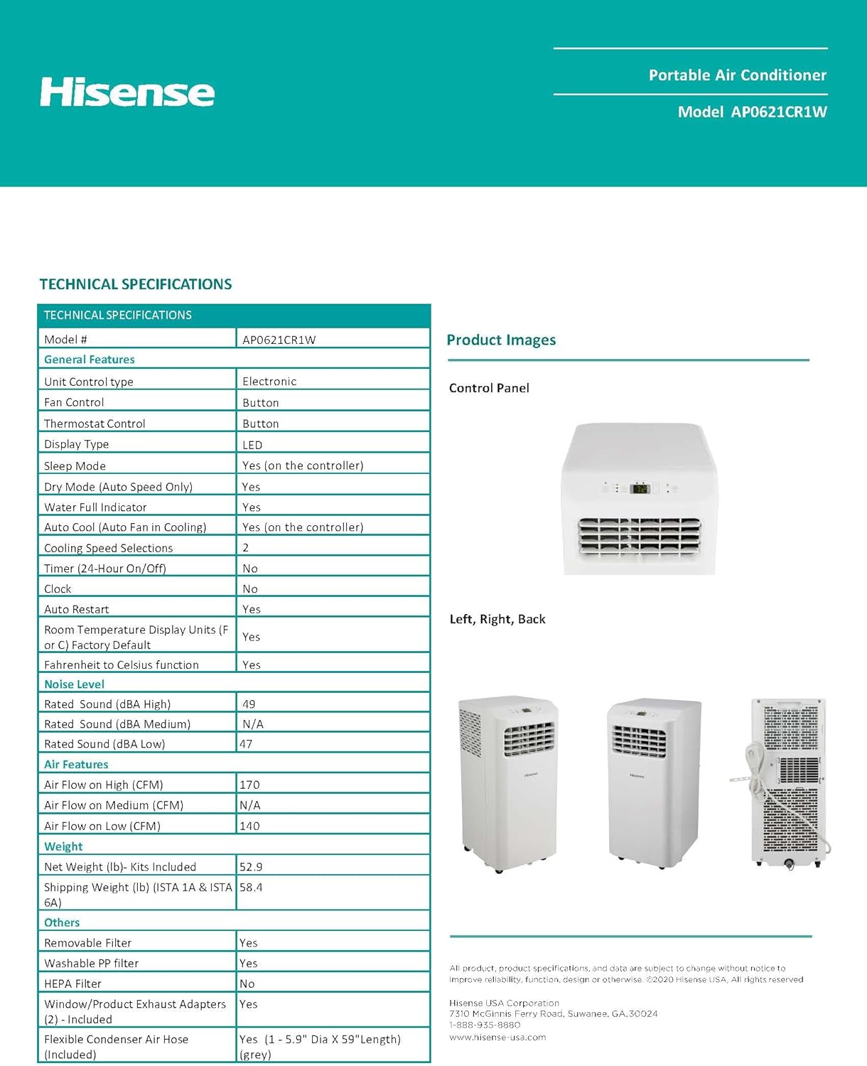 Hisense Portable Air Conditioner 6,000 BTU Cooling Dehumidifier Fan for Smaller Room up to 250 sq ft, Remote Control, White (Renewed)
