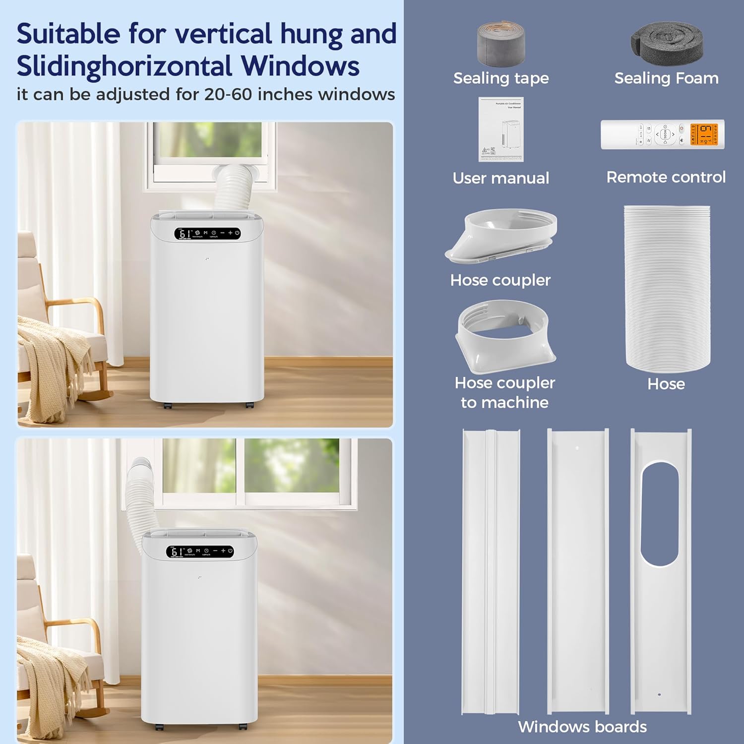 14000 BTU Portable Air Conditioners, Remote Control, 3 in 1 Free Stand Smart Cooling Portable AC Unit with Dehumidifier, Fan, Cools Room up to 700 sq.ft, 24H Timer, Windows Sealing Kit