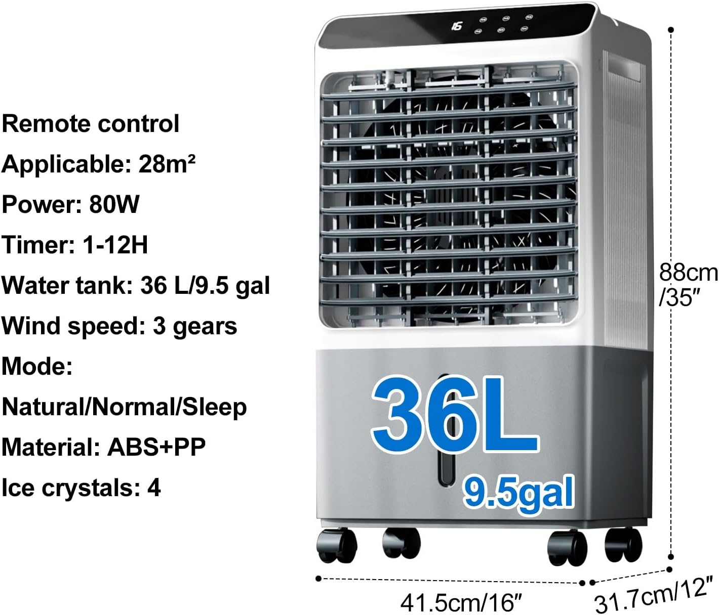 Swamp Cooler, 3-in-1 Evaporative Air Cooler with 36 L/9.5 Gal Tank, 60° Oscillation, 12H Timer, Remote, Portable Air Conditioner for Bedroom Home Office