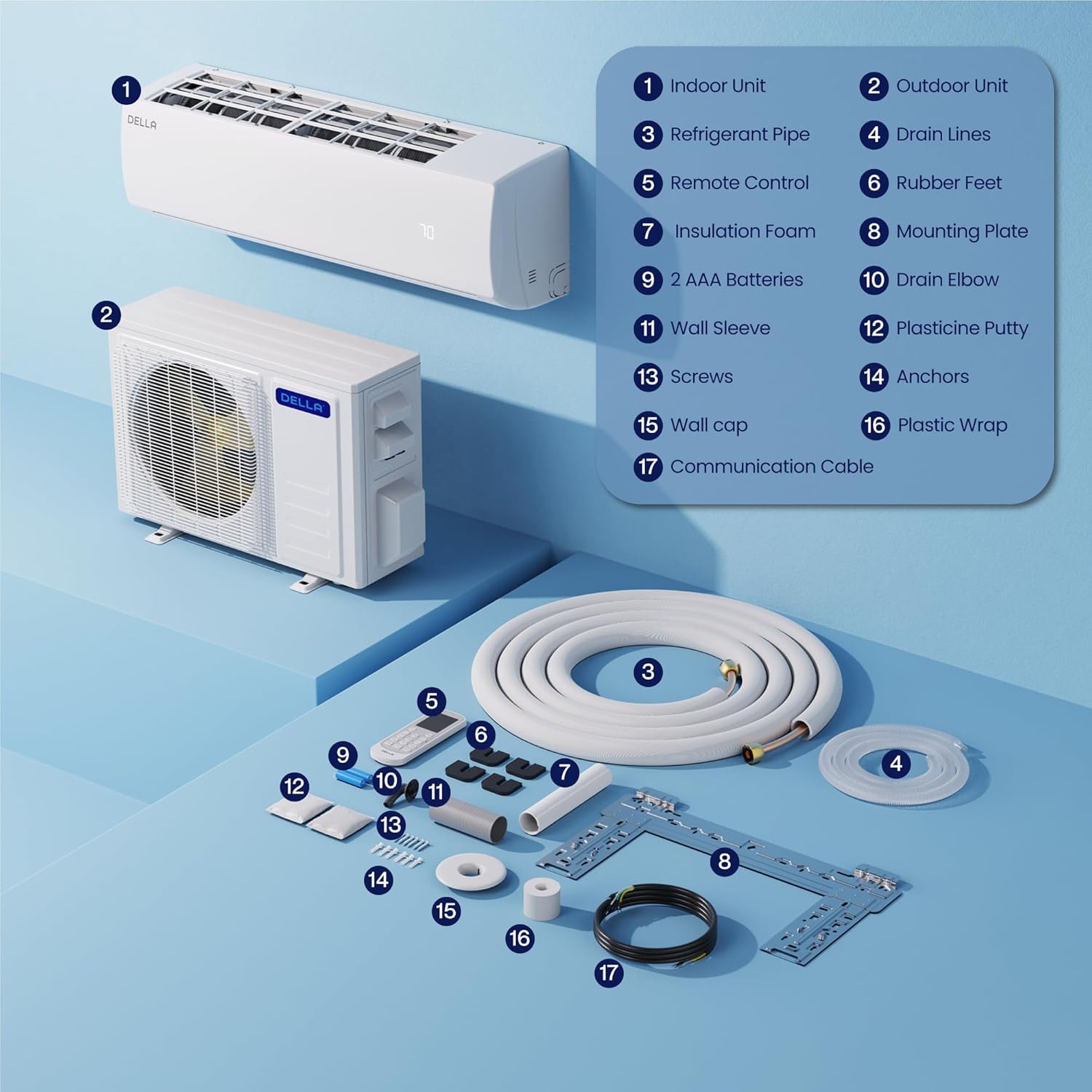 DELLA Econo Series 23000 BTU Mini Split Air Conditioner 17 SEER2, 230V Cools up to 1500 Sq. Ft, Works with Alexa and Wifi, Heater Ductless Inverter System with Heat Pump,16.4ft Installation Kit