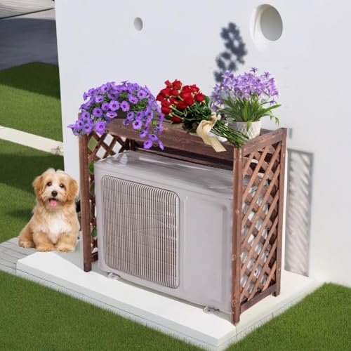 Air Conditioner Cover for Outside Units Stable Free Standing AC Fence Screen Wooden Storage Shelf for Outdoor Condenser Flower Shelf Decorative Easy to Install(Black,L96cm*W40cm*H89cm)