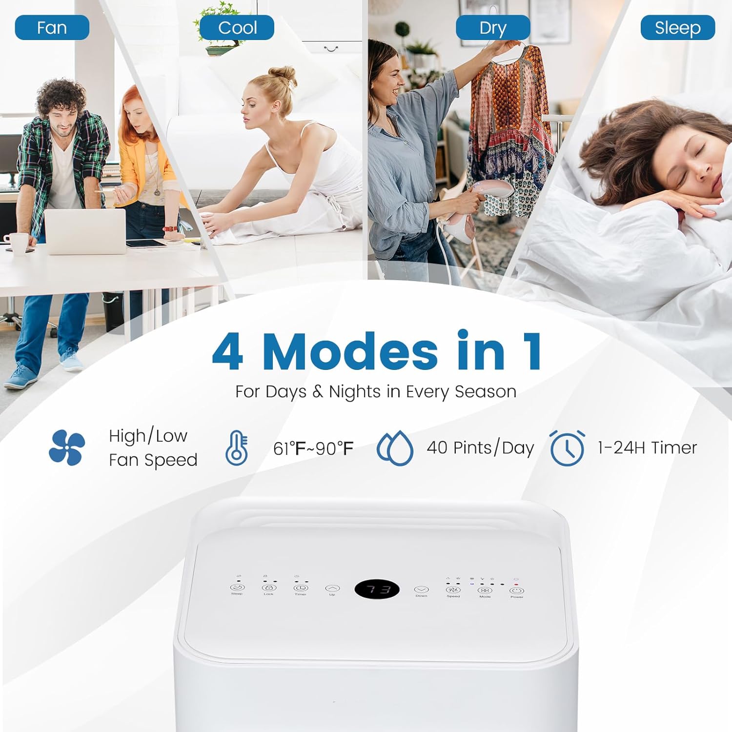 LDAILY 4 in 1 Portable Air Conditioner, 8000 BTU AC Unit with Cooling, Fan, Dehumidification, and Standby Mode for Bedroom, Living Room, Office, White