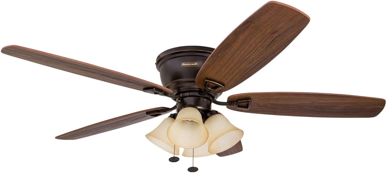 Honeywell Ceiling Fans Glen Alden, 52 Inch Classic Flush Mount Indoor LED Ceiling Fan with Light, Pull Chain, Quick-2-Hang Dual Finish Blades, Reversible Motor - 50183 (Oil Rubbed Bronze)