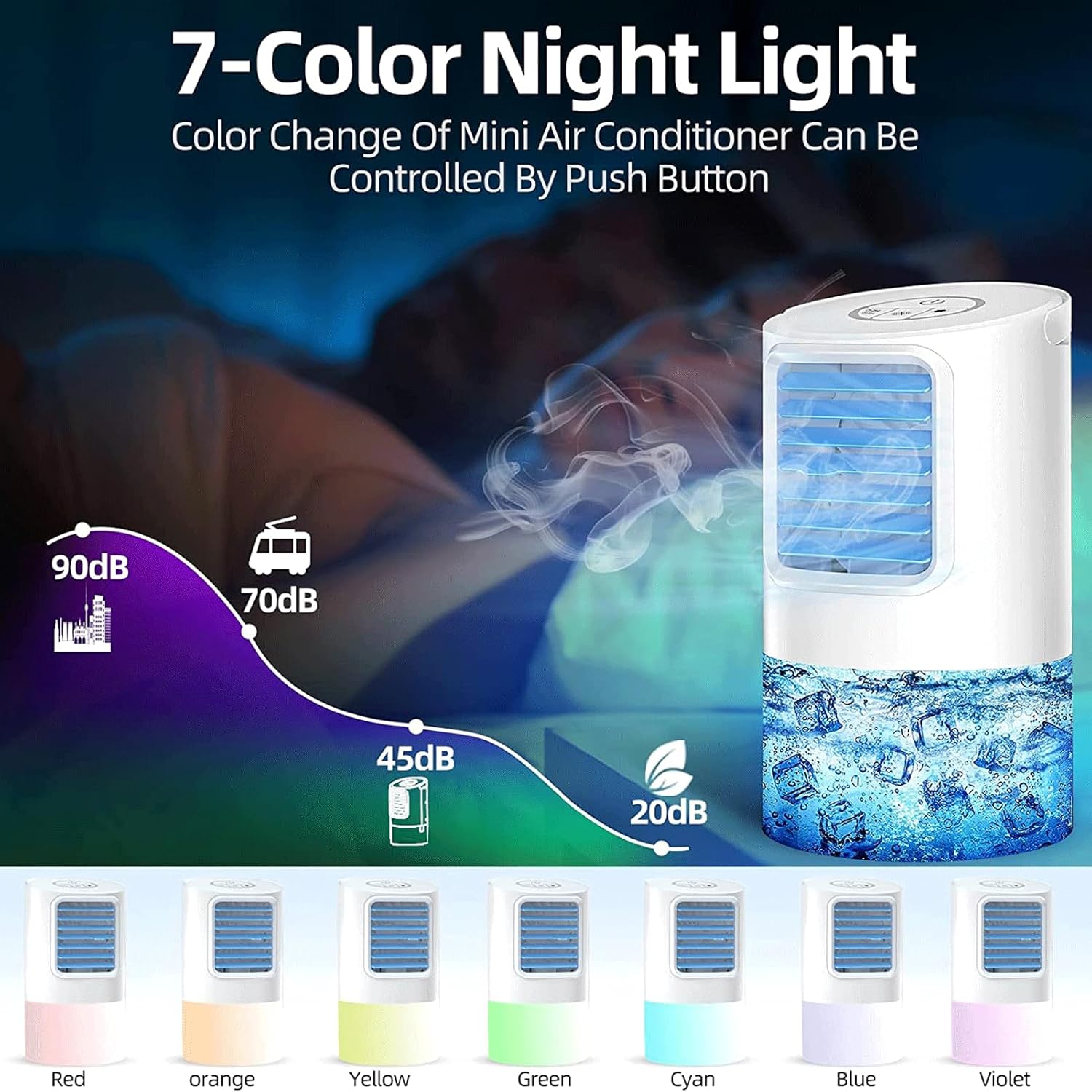 Personal Portable Air Conditioner - USB Cooler, Evaporative Mini Air Conditioner with 3 Speeds, 7 Colors Light Personal Air Conditioner, 400ml Water Tank Evaporative for Room Office Desk