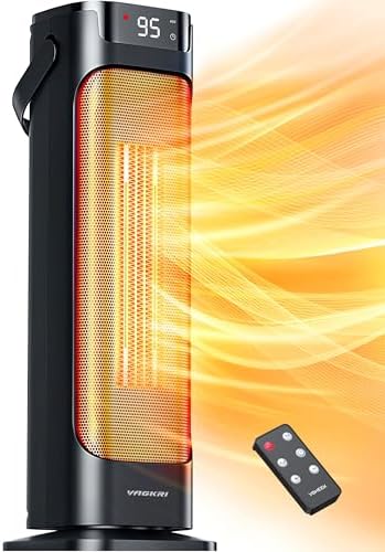 VAGKRI 24” Oscillating Ceramic Tower Space Heater，Fast Ceramic Heater with Thermostat and Remote,Portable Electric Heater with Tip-Over & Overheating Protection, 3 Modes for Bedroom, Office Black
