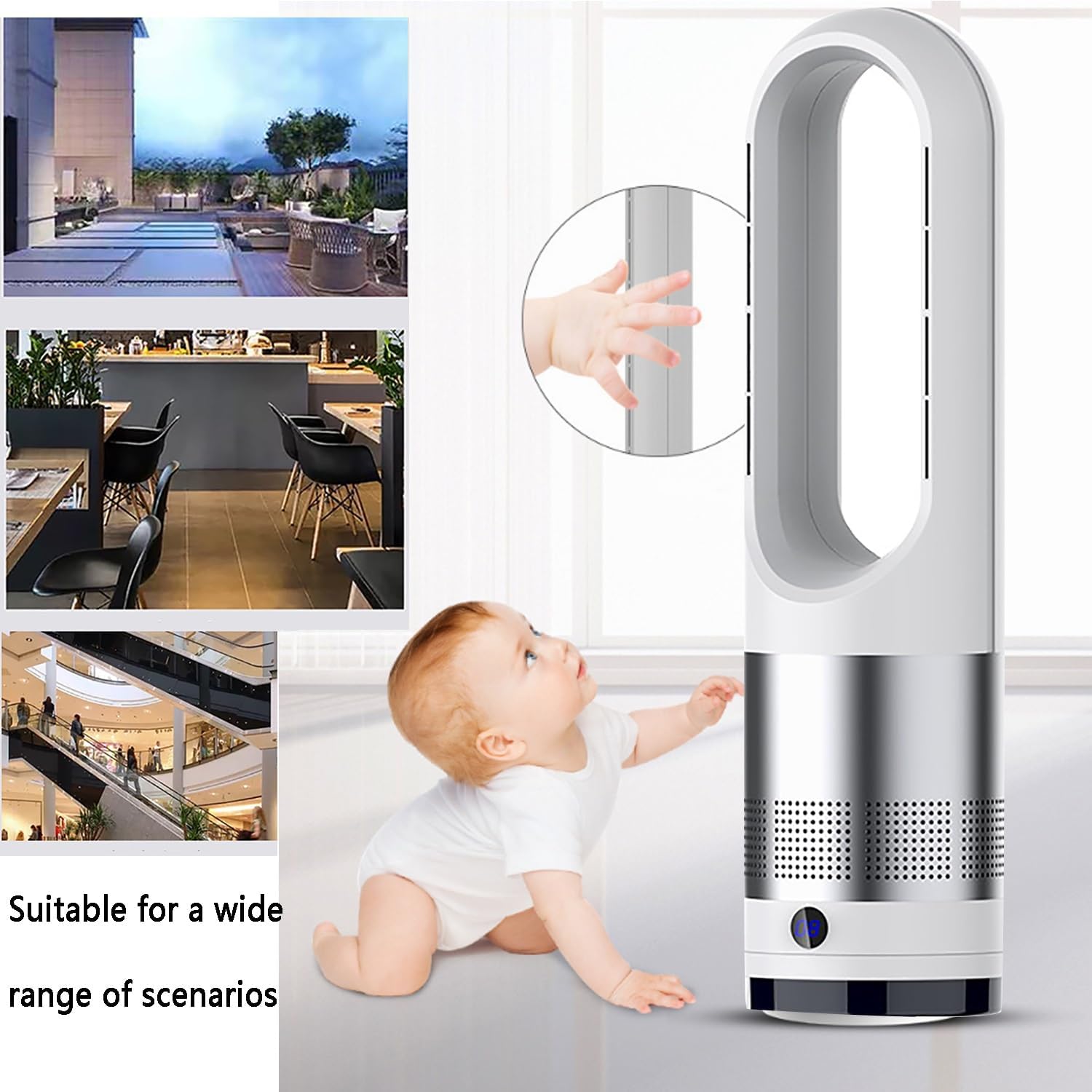 Bladeless Fan for Heating and Cooling, Pedestal Fan, Tower Fan; Natural Cool Air, 8 Speeds, Can Be Timed Comes with Remote Control, 80° Shaking Head. No Fan Blade, Easy to Clean(Silver)