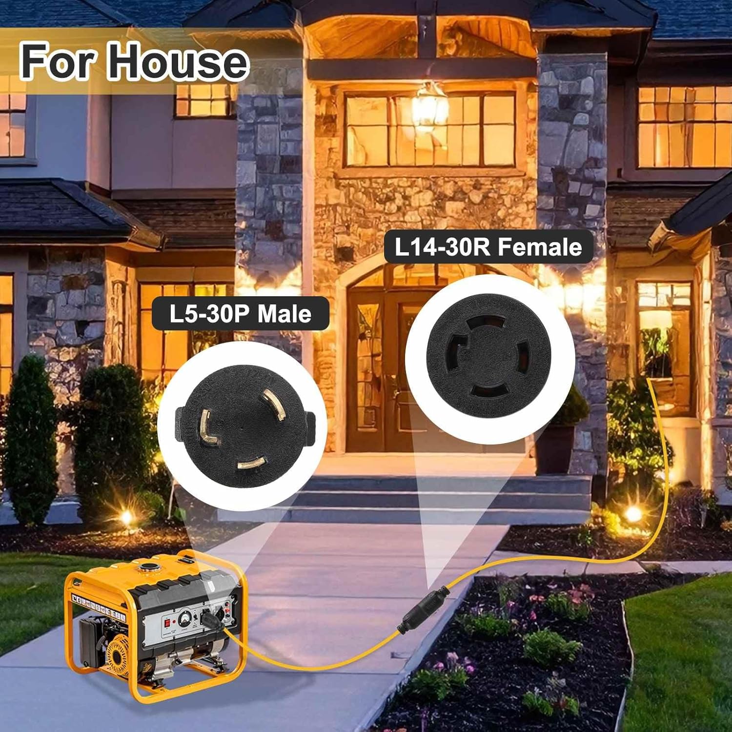 MECCANIXITY 20ft NEMA L5-30P to L14-30R RV Marine Generator Transfer Switch Adapter Cord, 30A Generator Extension Cord L5-30P Male to 30A Marine Shore Power L14-30R Female, 125V/250V