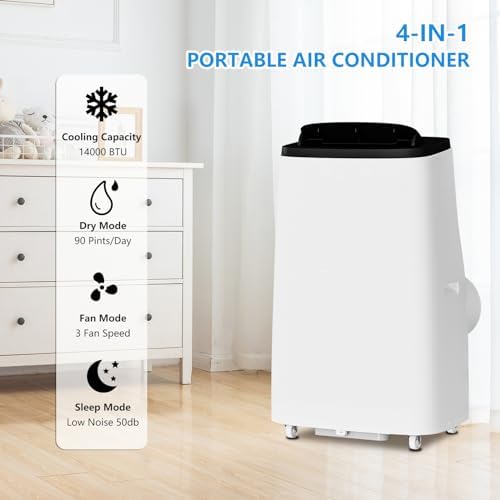 Portable 14000 BTU Air Conditioner, Fan & Dehumidifier, 4-in-1 AC Unit with Cooling, for Rooms Up to 700 Sq.Ft, Includes Remote Control, Sleep Mode, Auto Swing & 24h Timer
