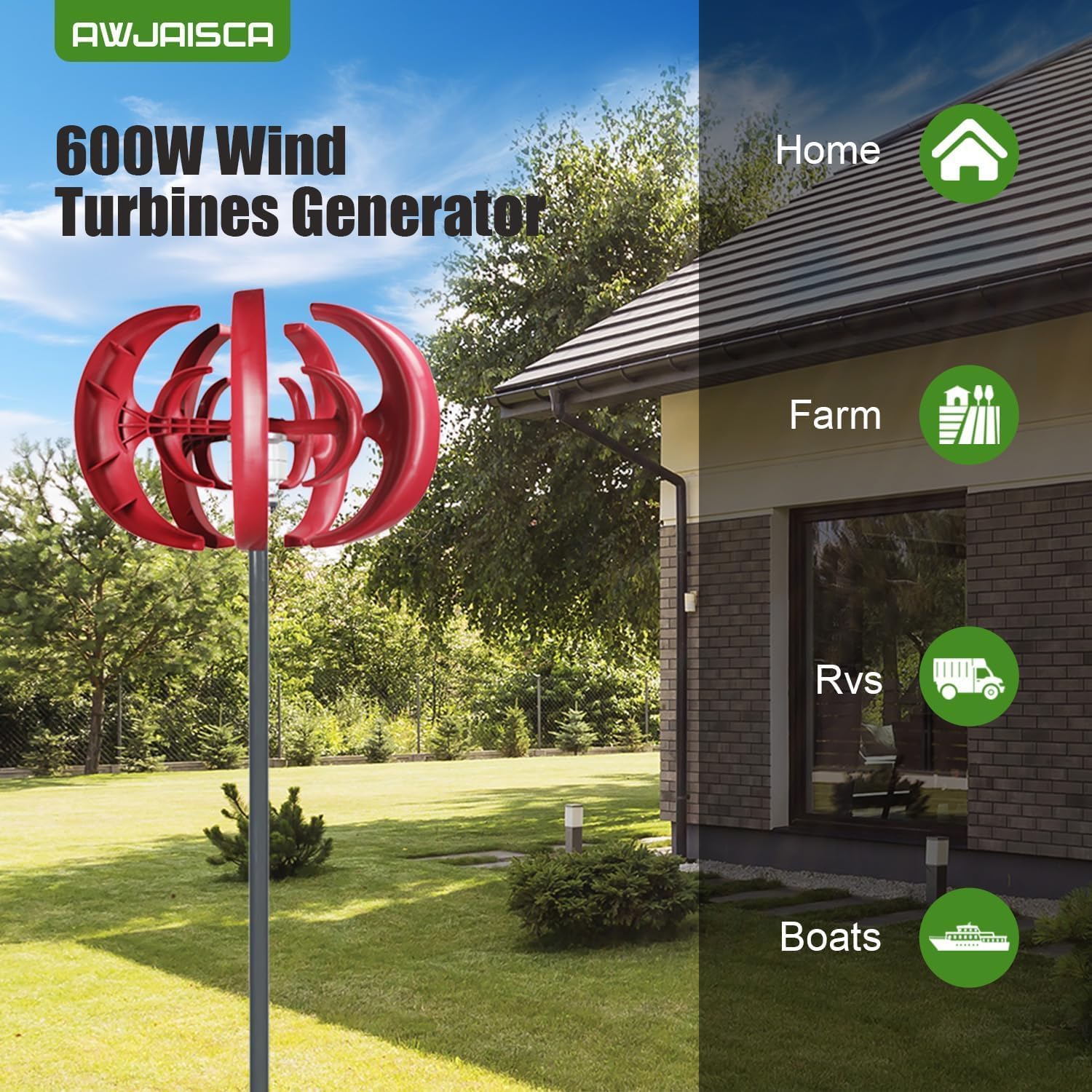 600W 5-Blade Vertical Axis Wind Turbine Generator Kit, DC12V Windmill Generator,Electromagnetic Power Production, Efficient Wind Energy Converter Red