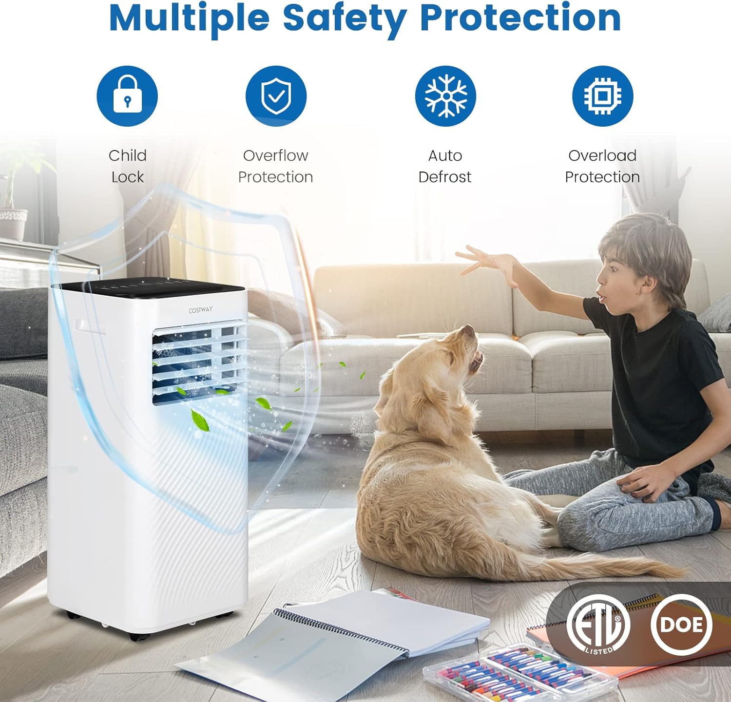 COSTWAY Portable Air Conditioner, 10000 BTU AC Unit with Cool, Fan, Dehumidifier & Sleep Mode for Rooms up to 350 Sq.Ft, with 24H Timer, Child Lock, Remote Control & Window Kit (White and Black)