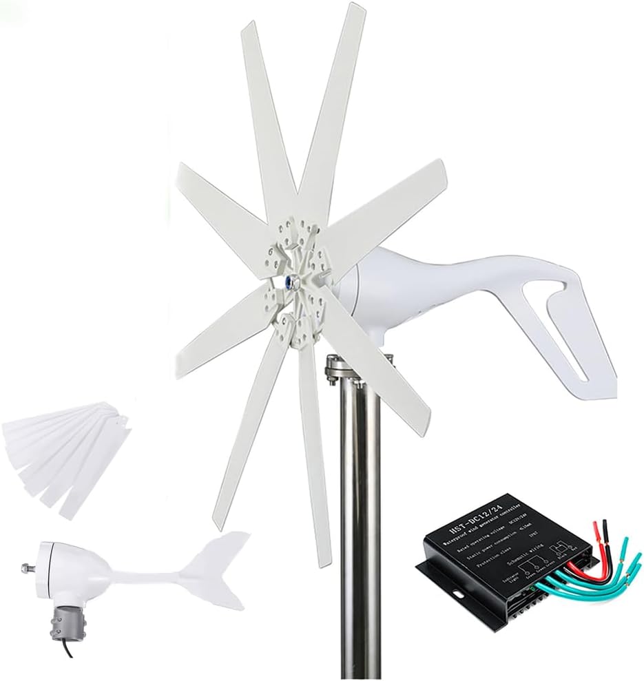 12V,HYZHANHONG 12V/24V/48V Horizontal Wind Turbine Generator 1000W Low Noise 8 Blades Wind Power Turbine Generator Kit 3-Phase AC Windmill with Controller