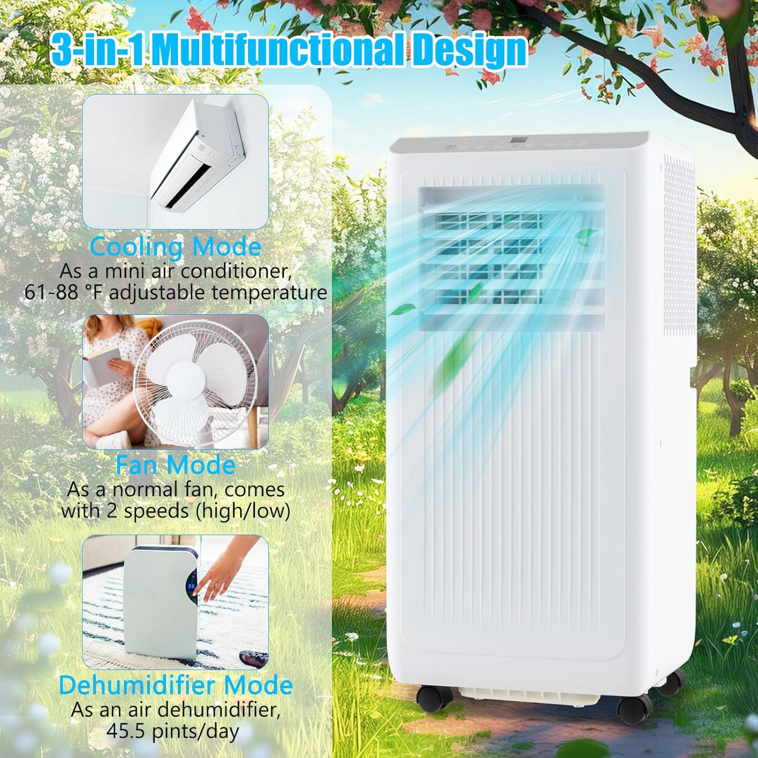 GOFLAME 8000BTUS Portable Air Conditioner for Rooms up to 250 Sq.Ft, 3-in-1 AC Unit on Wheels w/Cooling, Fan, Dehumidifier, Sleep Modes, 24H Timer, Remote Control Installation Kit, Floor AC Unit