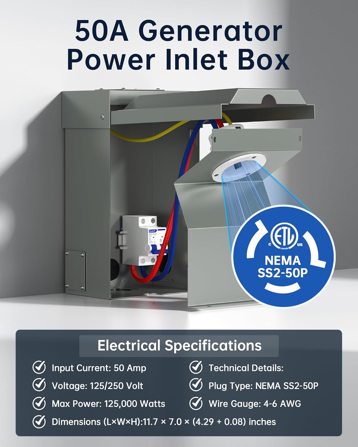 50A Generator Inlet Box & Plug with Circuit Breaker Combo - VHBW 50 Amp Power Inlet Box Set, 125/250V 12500W, Weatherproof/Rainproof, ETL Listed