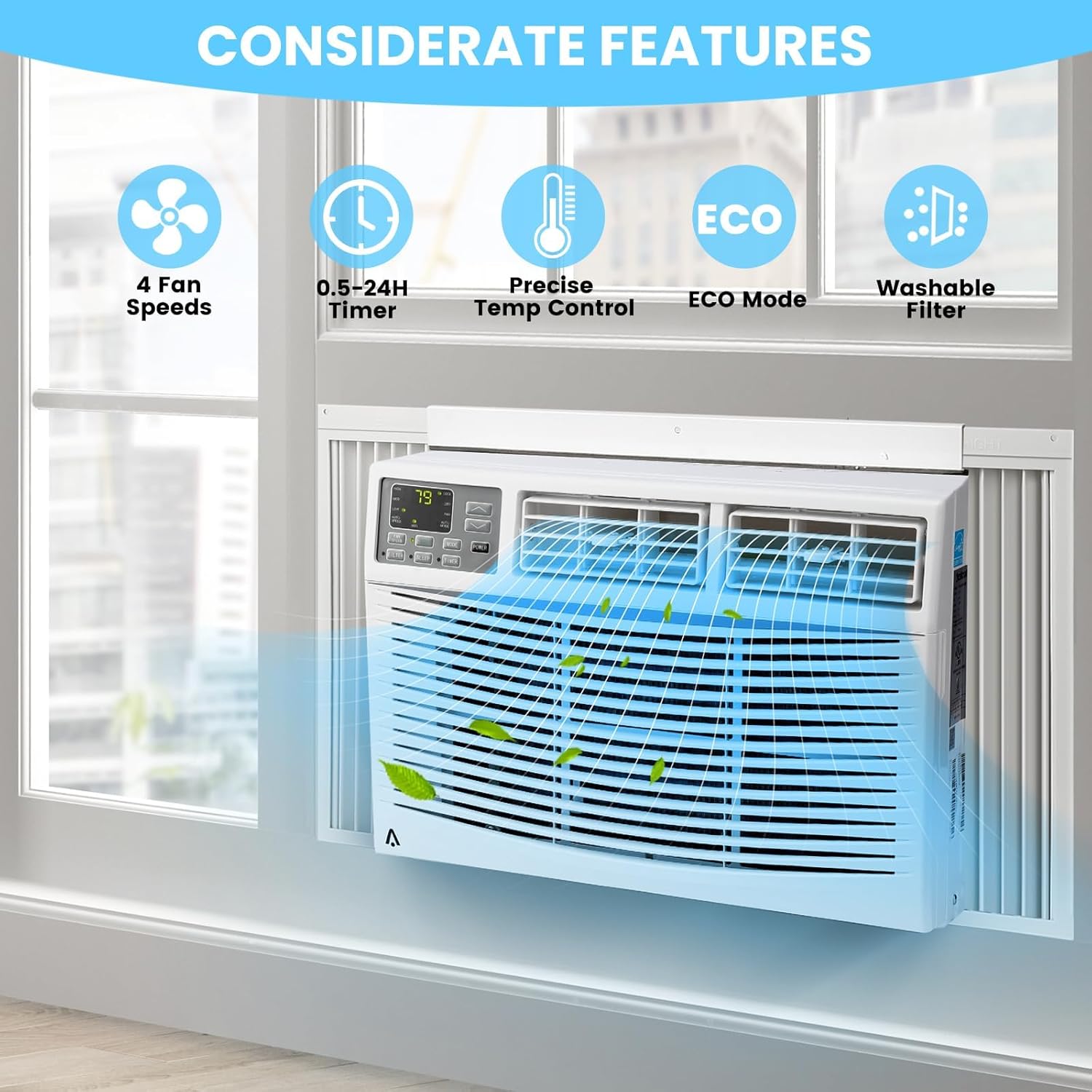Window Air Conditioner 8000 BTU,WiFi-Enabled Smart AC with Remote, 3 Modes Cool Dry Fan Speed Control, Fast Cooling for 350 Sq.Ft 115V Mini Air Conditioner for Bedroom, Office, Home