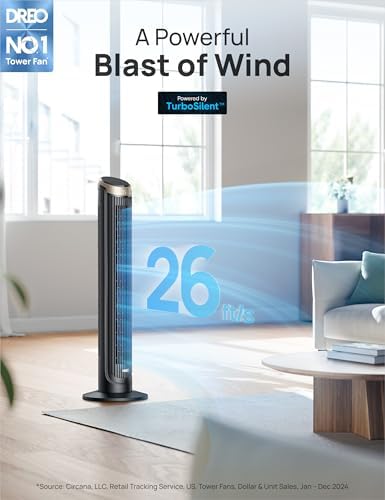 Dreo 40'' WiFi Tower Fan, 26ft/s High-Speed Cooling, Quiet Floor Fan with Remote, 90° Oscillating Fan, 4 Modes, 12H Timer, Touch Control, Standing Cooling Fan for Bedroom, Home, Office Room, Gold