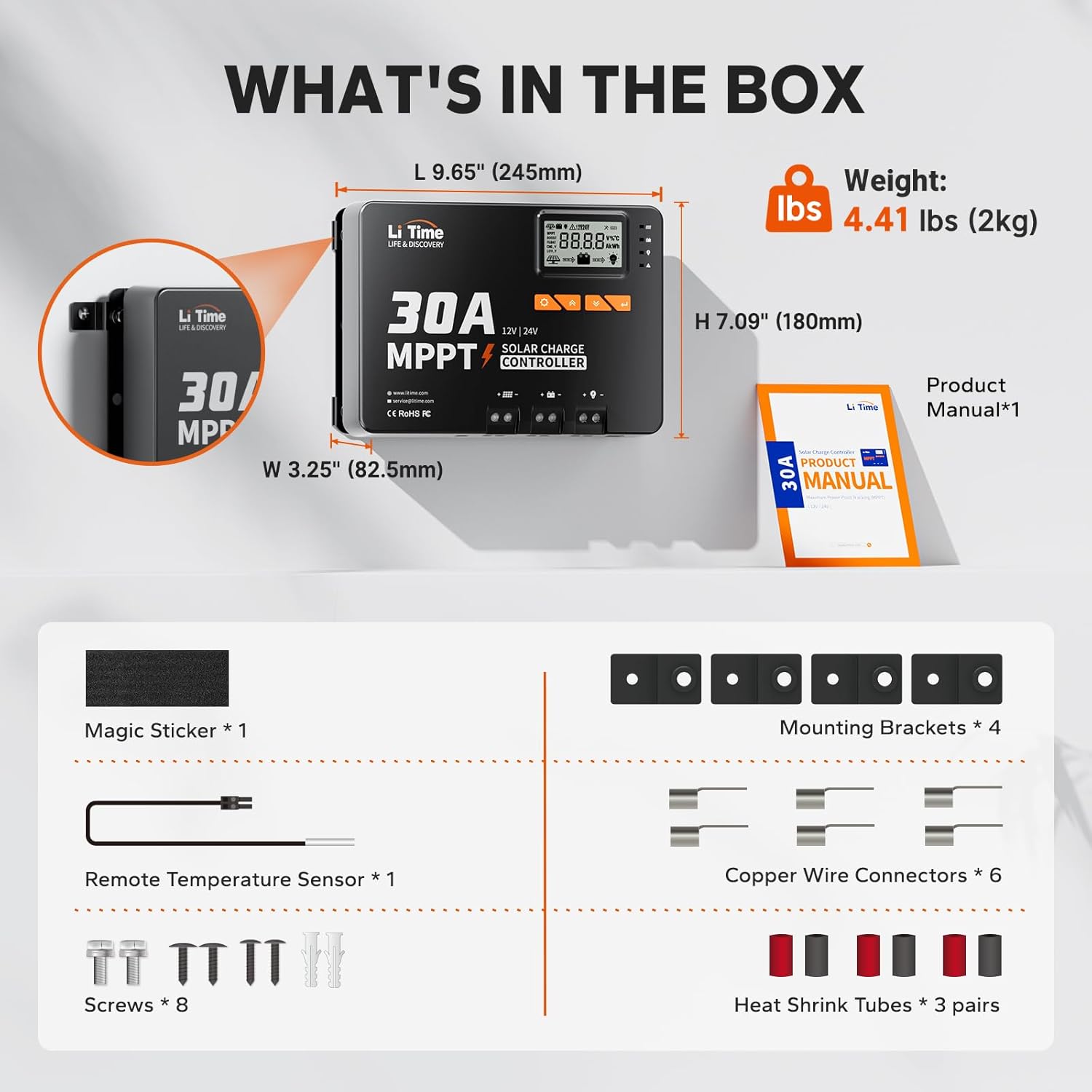 LiTime 30 Amp MPPT 12V/24V/Auto DC Input Solar Charge Controller Build-in Bluetooth Module with 500A Battery Monitor with Shunt