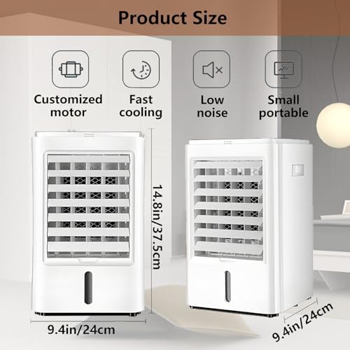 4-in-1 Portable Air Conditioners Personal Air Cooler Humidifier Cooling Fan Negative Ion Filter with Timer Remote Touch Screen Ac Unit Mini Fan 3-Speed and 4 Ice Packs 24VHomeCar