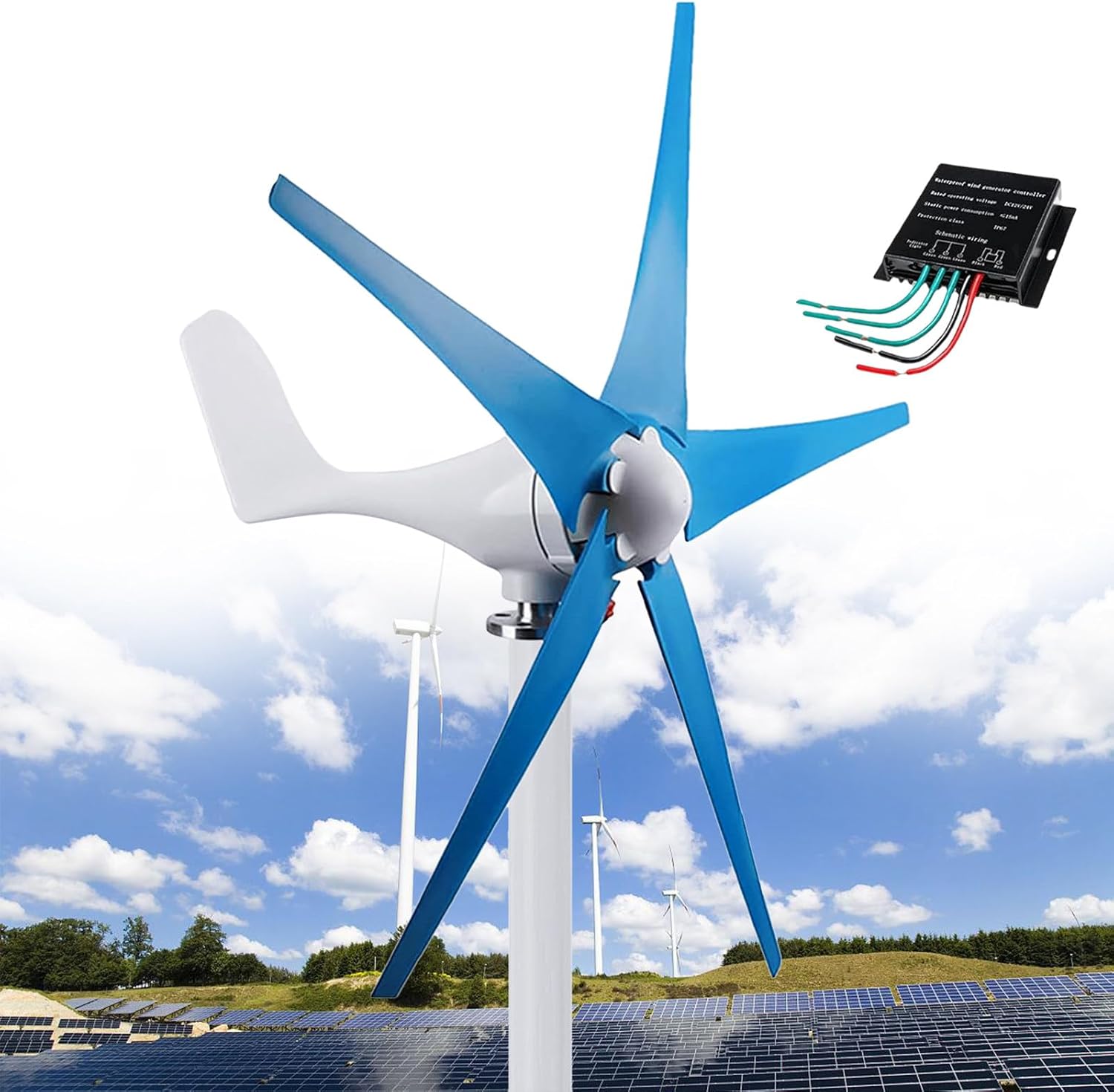 Windmill Generator, 5 Blades Small Wind Turbine Kit Industrial Energy Equipment, Three Phase Ac Permanent Magnet Generator, Suitable for Ship, Home Use (Blue 48V)