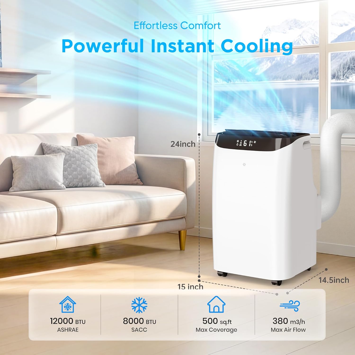 12,000 BTU Portable Air Conditioner Cools Up to 500 Sq.Ft, 3-IN-1 Energy Efficient Portable AC Unit with Remote Control & Installation Kits for Large Room, Campervan, Office, Temporary Space