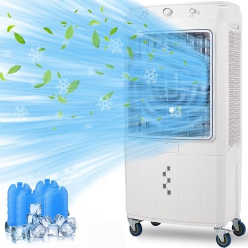 Evaporative Air Cooler, 4100CFM Swamp Cooler Air Conditioner with 4 Ice Packs & Remote Control, 3 Modes & Wind Speeds, 12H Timer, 8.4 Gallon Water Tank, for Outdoor, Indoor, Garage (15.8 Gallon)