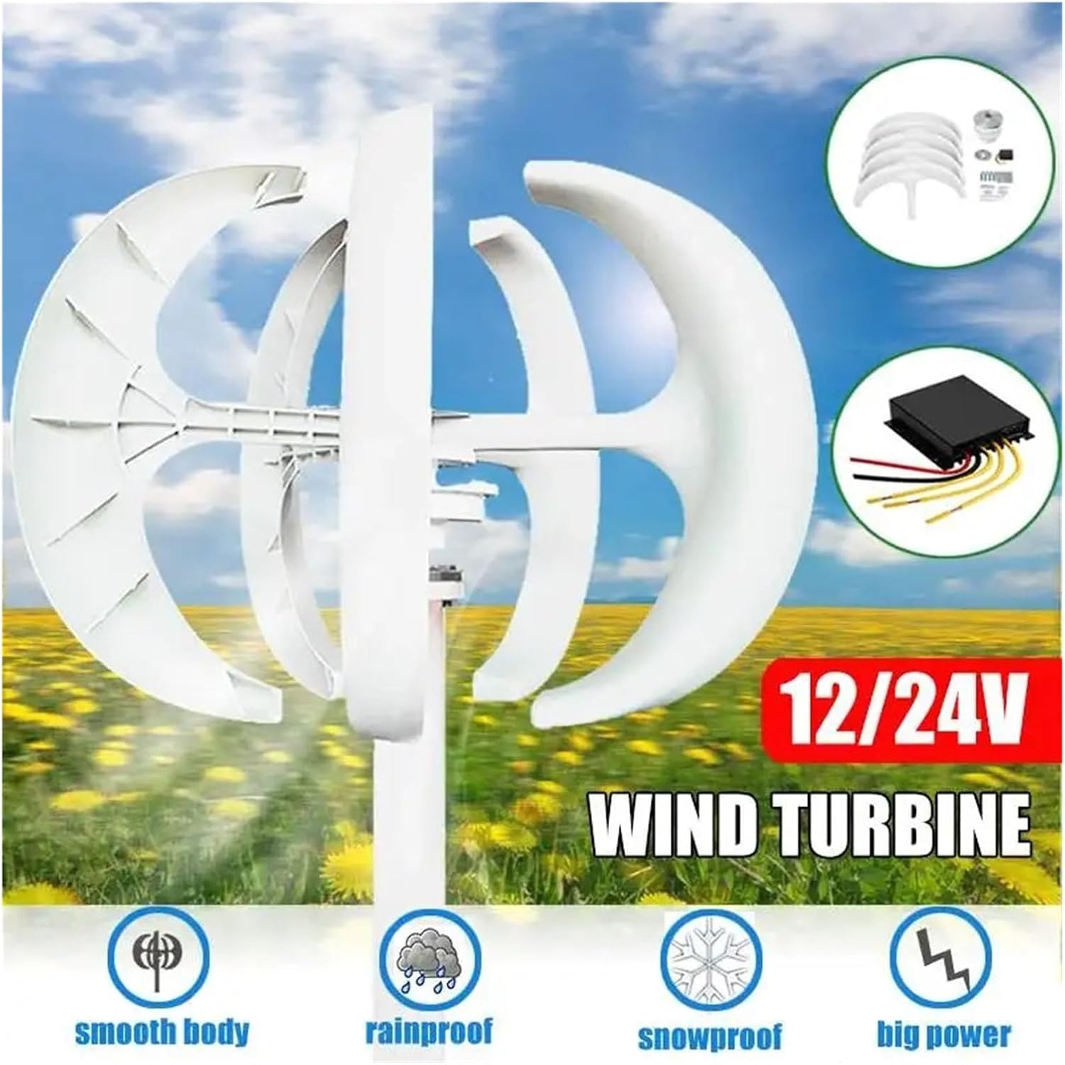 8000W 12V 24V Vertical Axis Wind Turbines Generator with Controller Lantern 5 Blades Motor Kit for Home Hybrids Streetlight Industrial Energy(12V)