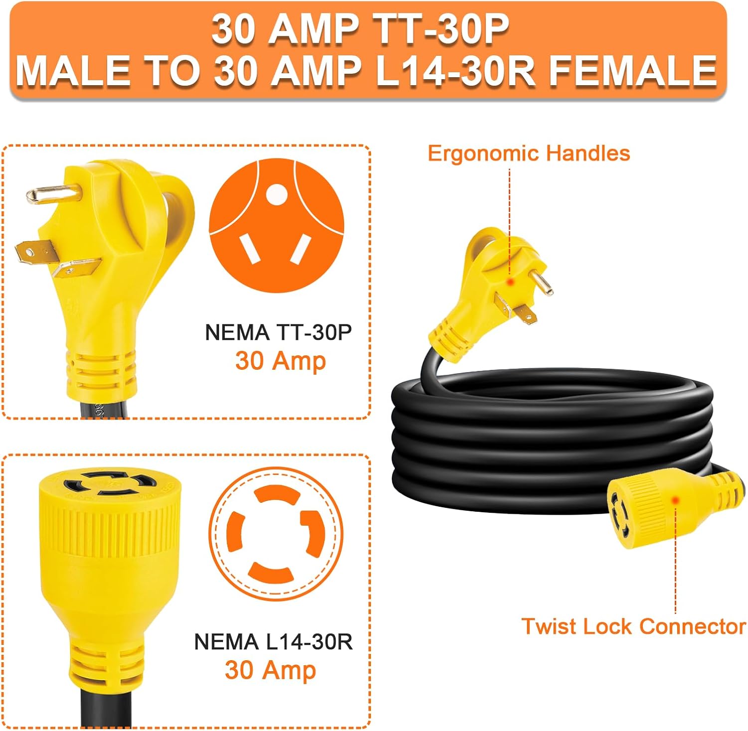 10ft Generator Transfer Switch Adapter Cord NEMA TT-30P to L14-30R and Generator Adapter NEMA L14-30P to L14-20R