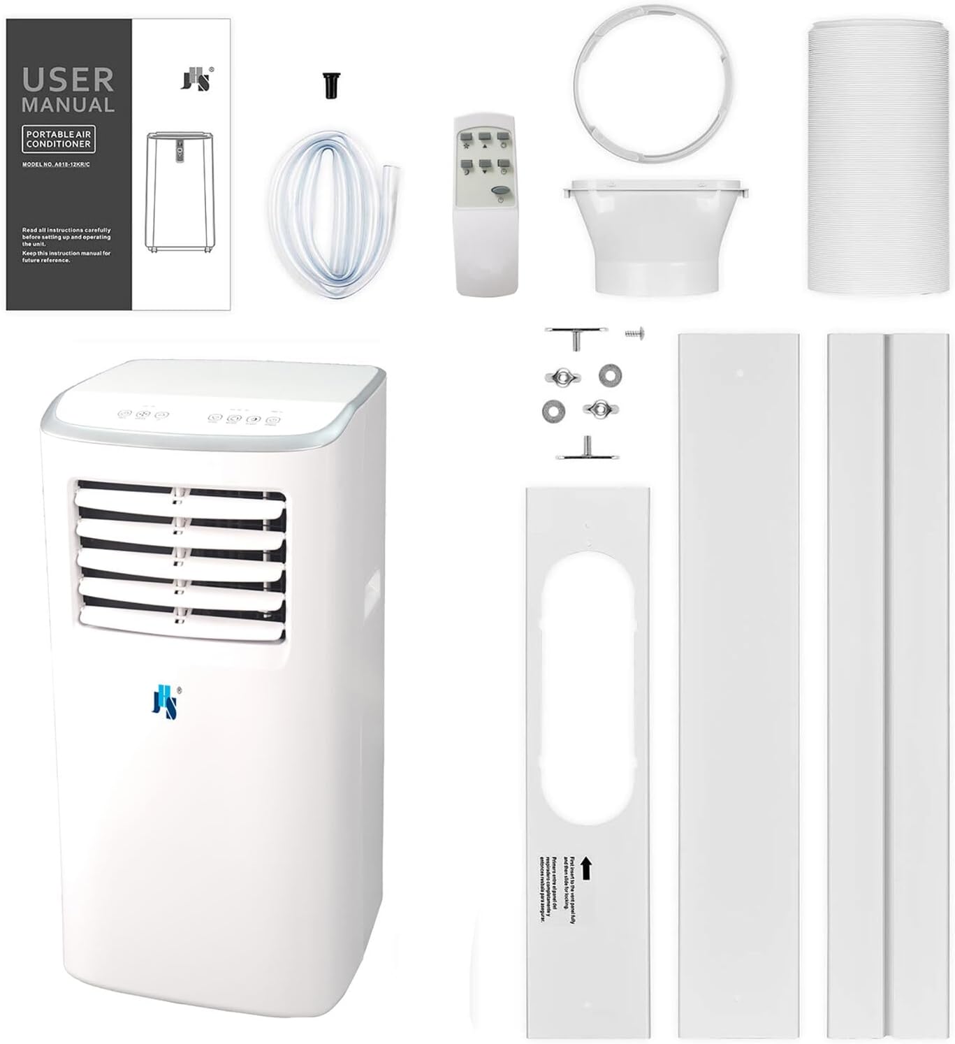 JHS 7,000 BTU Portable Air Conditioner with Dehumidifier and Fan for Bedroom, Living Room, or Basement, 115V, AC for Rooms up to 250 Sq.Ft with Remote Control, LED Display, 24H Timer, Wheels, White