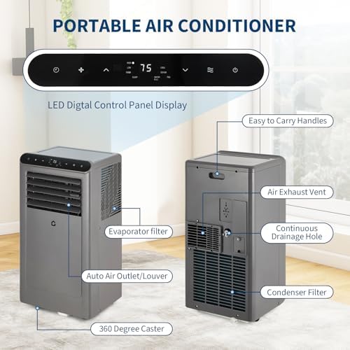 Portable Air Conditioner with Remote Control, 8000 BTU for Rooms Up to 350 Sq. Ft. 3-In-1 Quiet AC, Dehumidifier, and Fan Comes with Window Installation Kit, 24-Hour Timer, and Sleep Mode,Grey