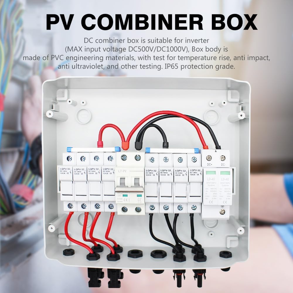 Dual Lnsurance 4 String Solar Combiner Box,PV Combiner Box for Solar,with Lightning Arreste & 15A Rated Current Fuse and 63A Circuit Breaker, IP65 Waterproof for On/Off Grid Solar Power System